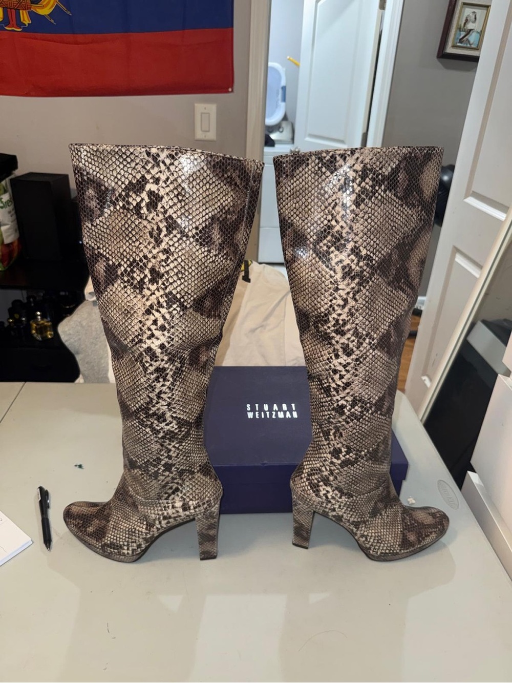 Stuart Weitzman Over-the-Knee Snake-Print Boots in Taupe and Black - Picture 2 of 7